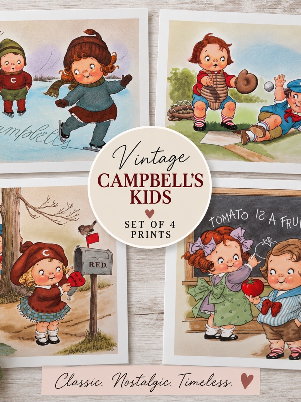 Vintage Campbell’s Kids Prints Set of 4 Retro Advertising Art Baseball Valentine